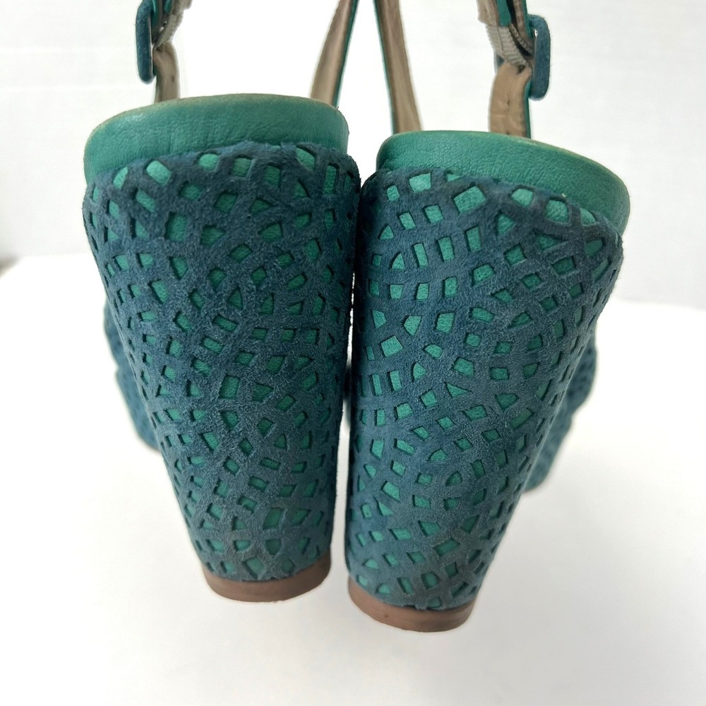 Audley London Teal Green Suede Laser Cut Wedge Sandals 9 Peep Toe Slingback Boho - Picture 9 of 12